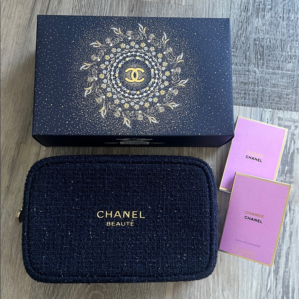 CHANEL Blue Tweed Makeup Cosmetic Pouch Bag with 2 Chanel Chance Eau Splendide